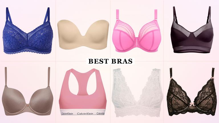 a collage grid image showing eight of w&h's best bras picks—including options from Wonderbra, Elomi, Calvin Klein and Marks & Spencer—on a light pink background