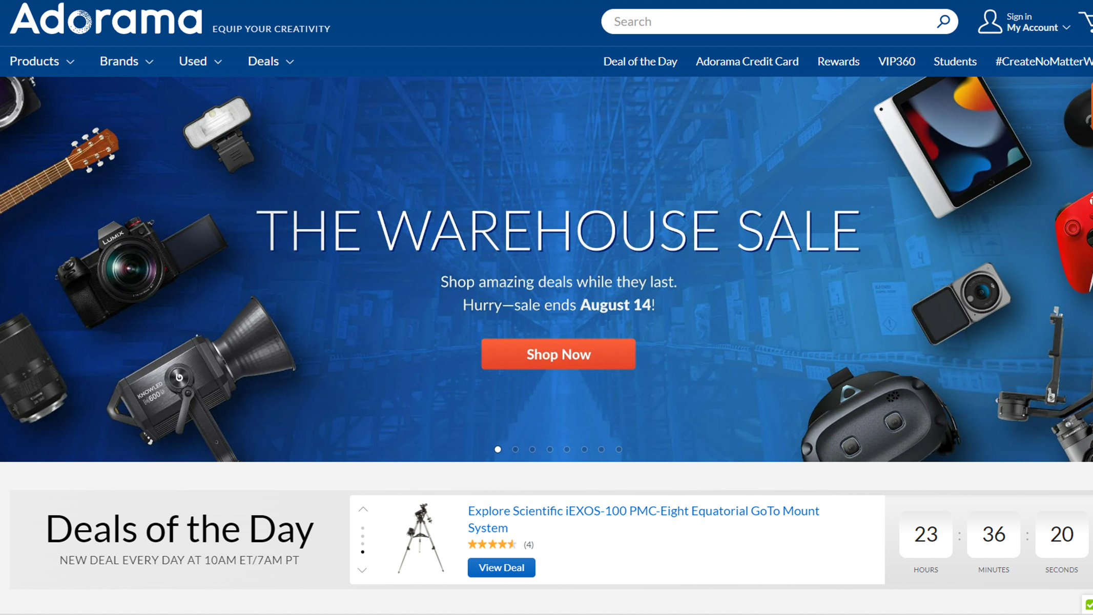 A screenshot of the Adorama homepackge showing a warehouse sale