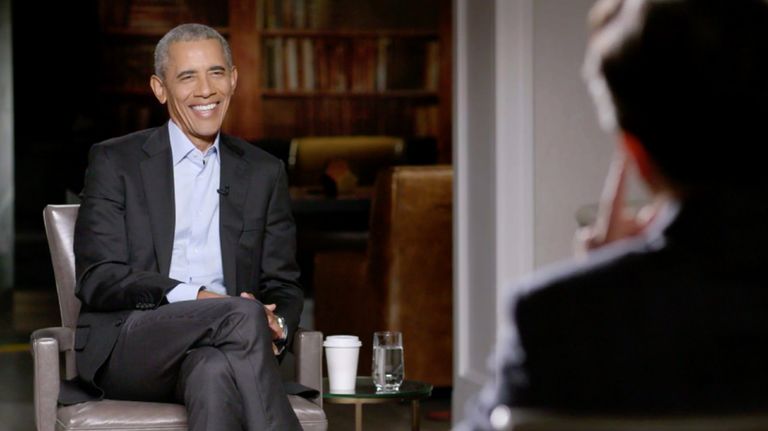 A Late Show with Stephen Colbert and guest Barack Obama during Tuesdays November 24, 2020 show. Image is a screen grab. 