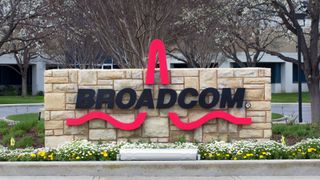 Broadcom logo displayed in front of its HQ building