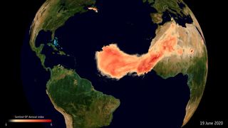 Satellite data showing the Sahara dust plume nicknamed Godzilla in June 2020.