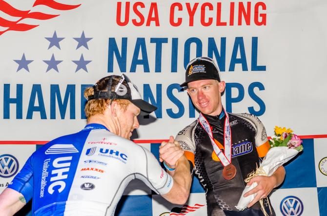 Daniel Holloway of Athlete Octance, congratulates race winner John Murphy of United Heathcare