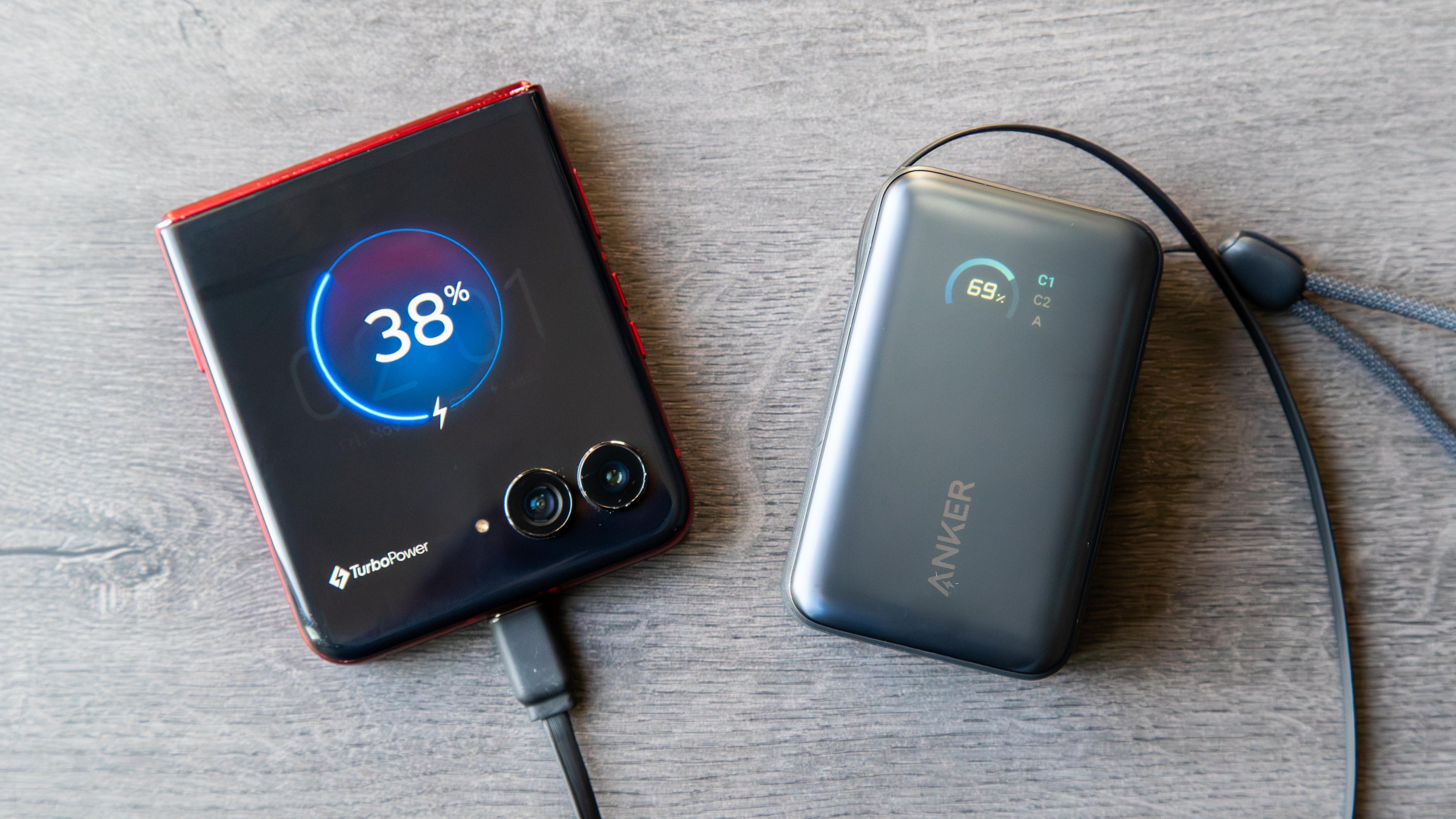 The Anker Nano Power Bank (A1638) charging a Motorola Razr Ultra 2025