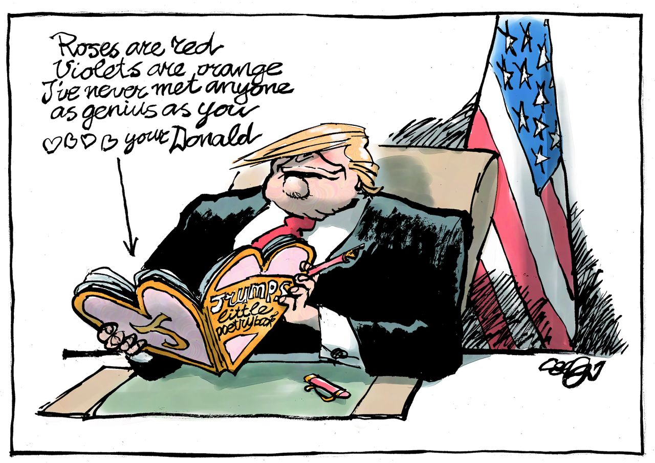 Political cartoon U.S. Trump tweets stable genius