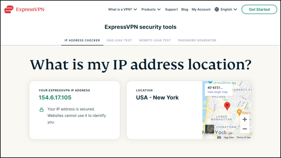 Screenshot of ExpressVPN's What Is My IP Web Page