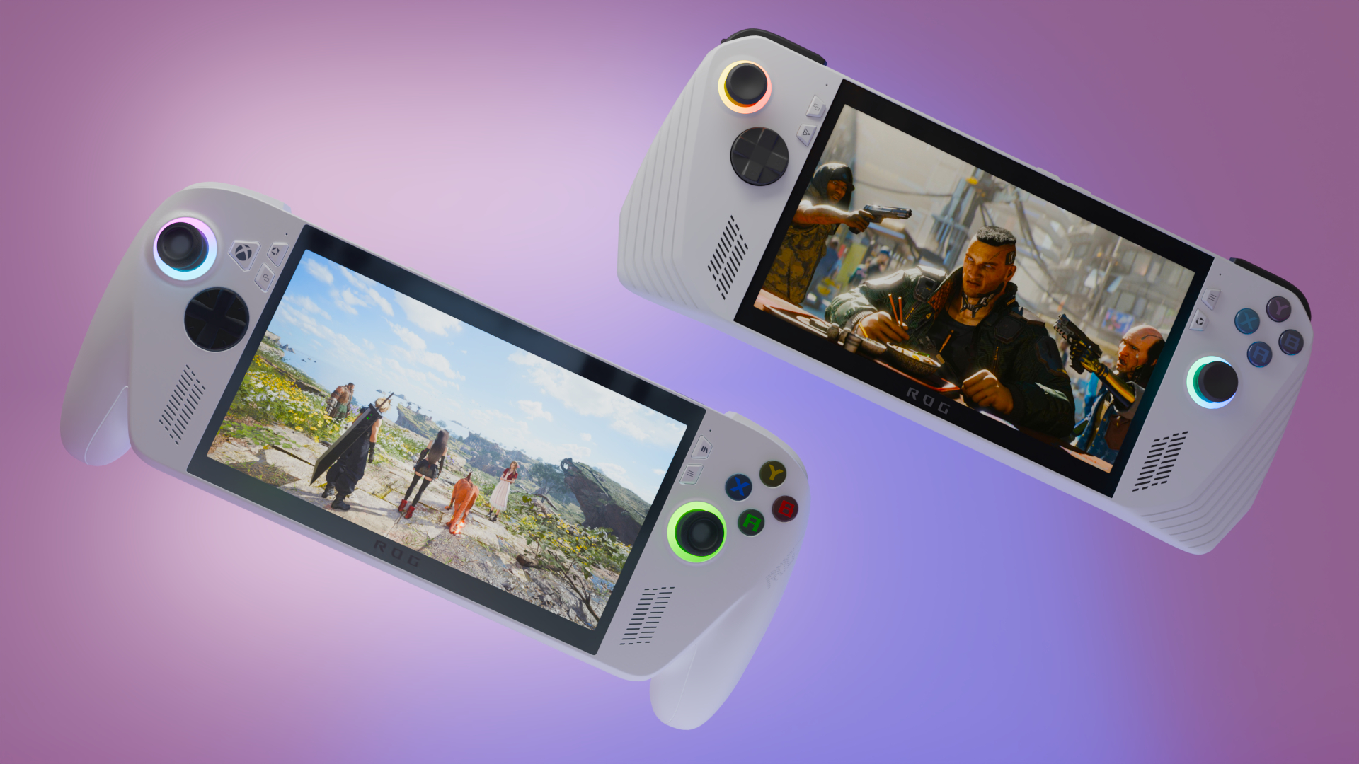 3D render of the Asus ROG Xbox Ally and ROG Xbox Ally handheld gaming PCs, playing Final Fantasy 7 Rebirth and Cyberpunk 2077 in front of a colorful backdrop.