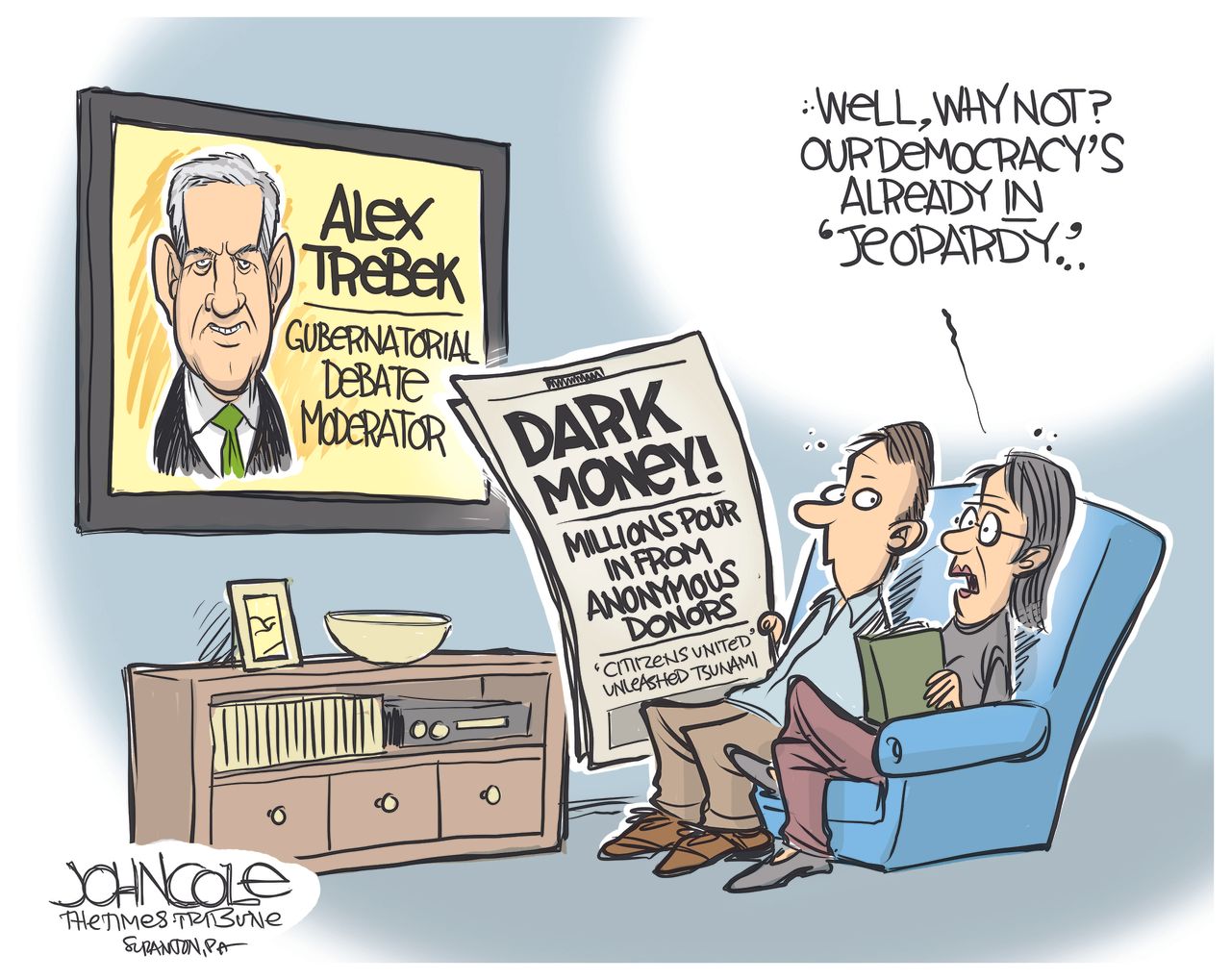 Political cartoon U.S. Jeopardy Alex Trebek debate moderator dark money