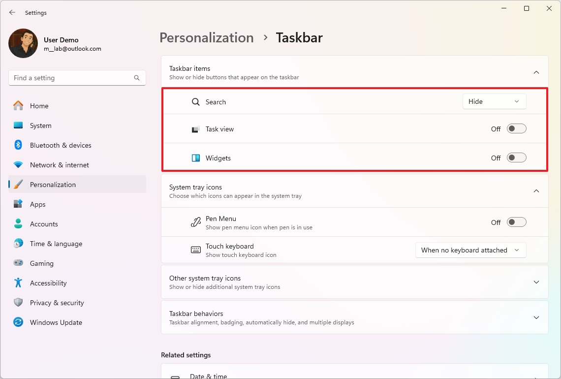 Taskbar remove items