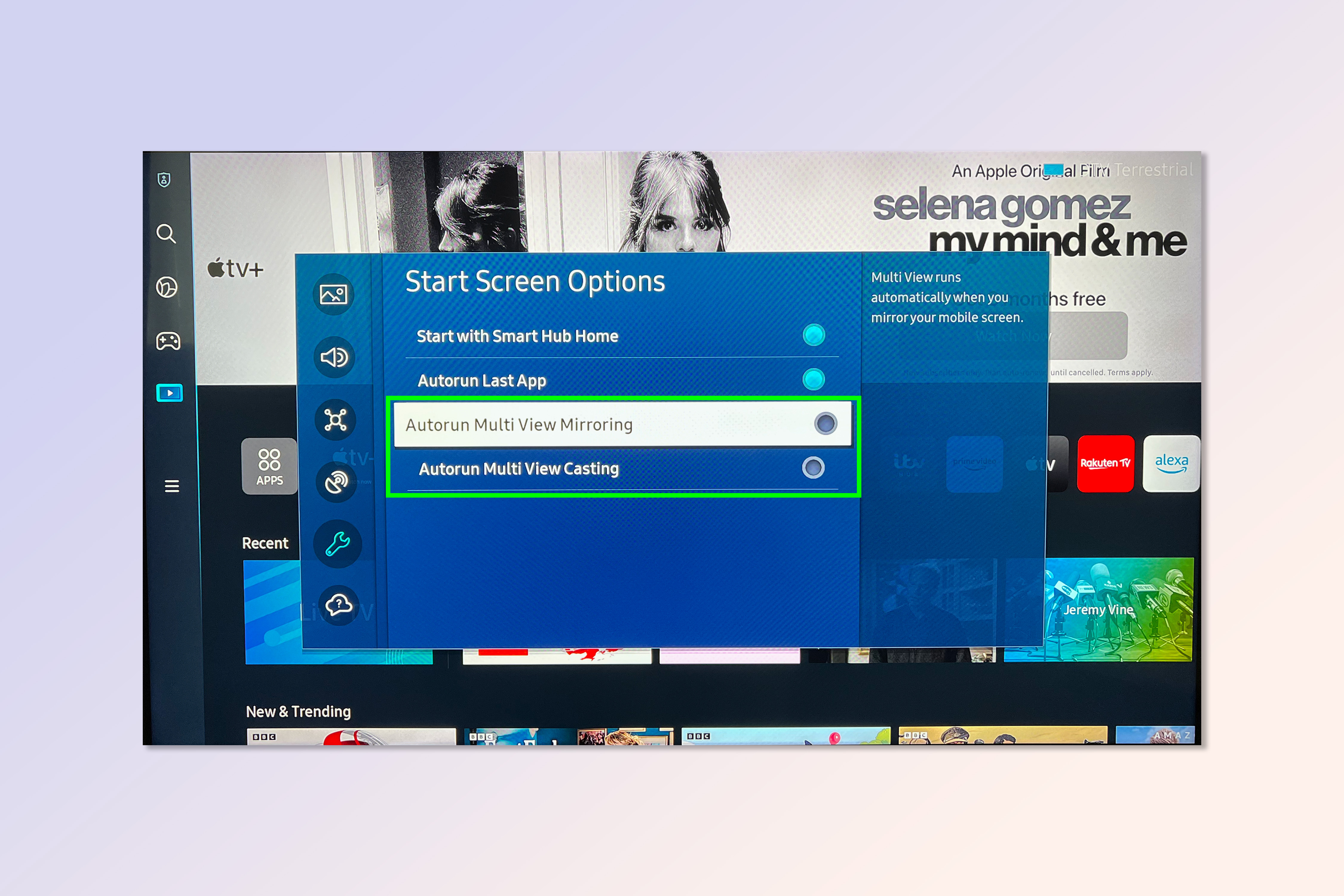 Снимок экрана, показывающий шаги, необходимые для отключения автоматического просмотра нескольких изображений на телевизоре Samsung.