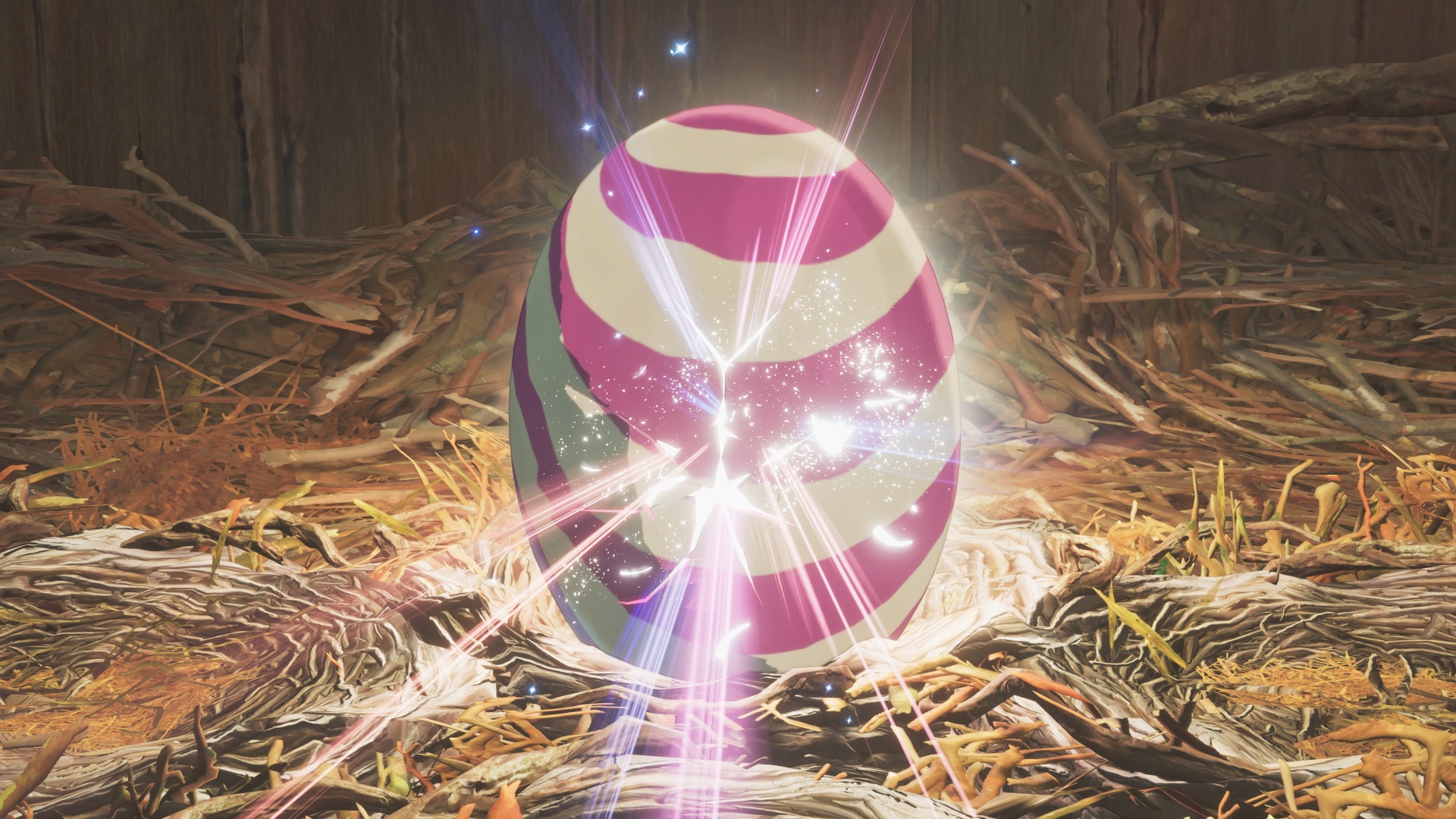 Light pours out of a striped egg as it begins to hatch