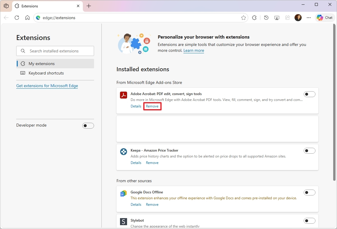 Microsoft Edge uninstall extensions