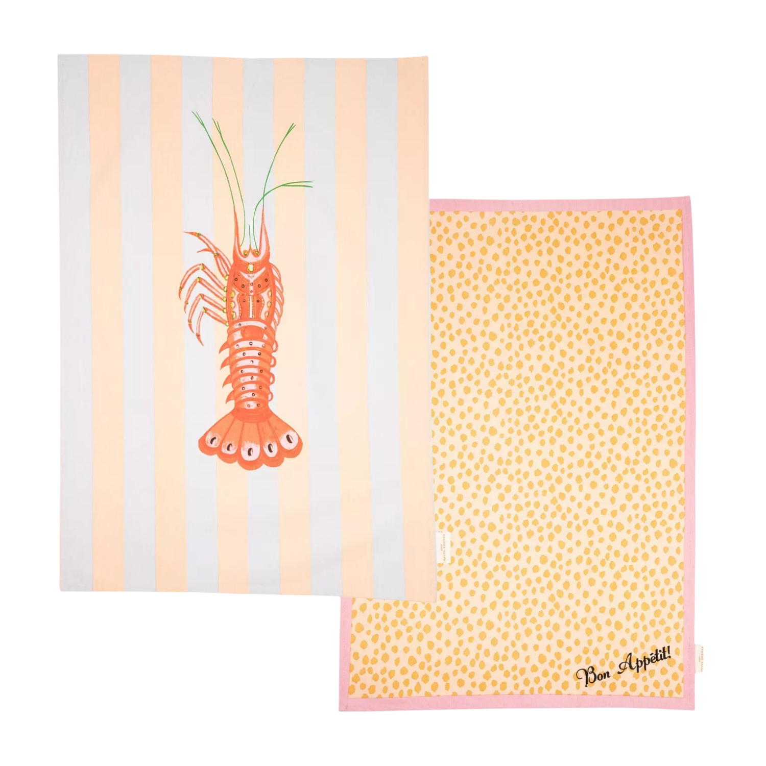 A set of tea towels with a lobster against stripes and yellow dots