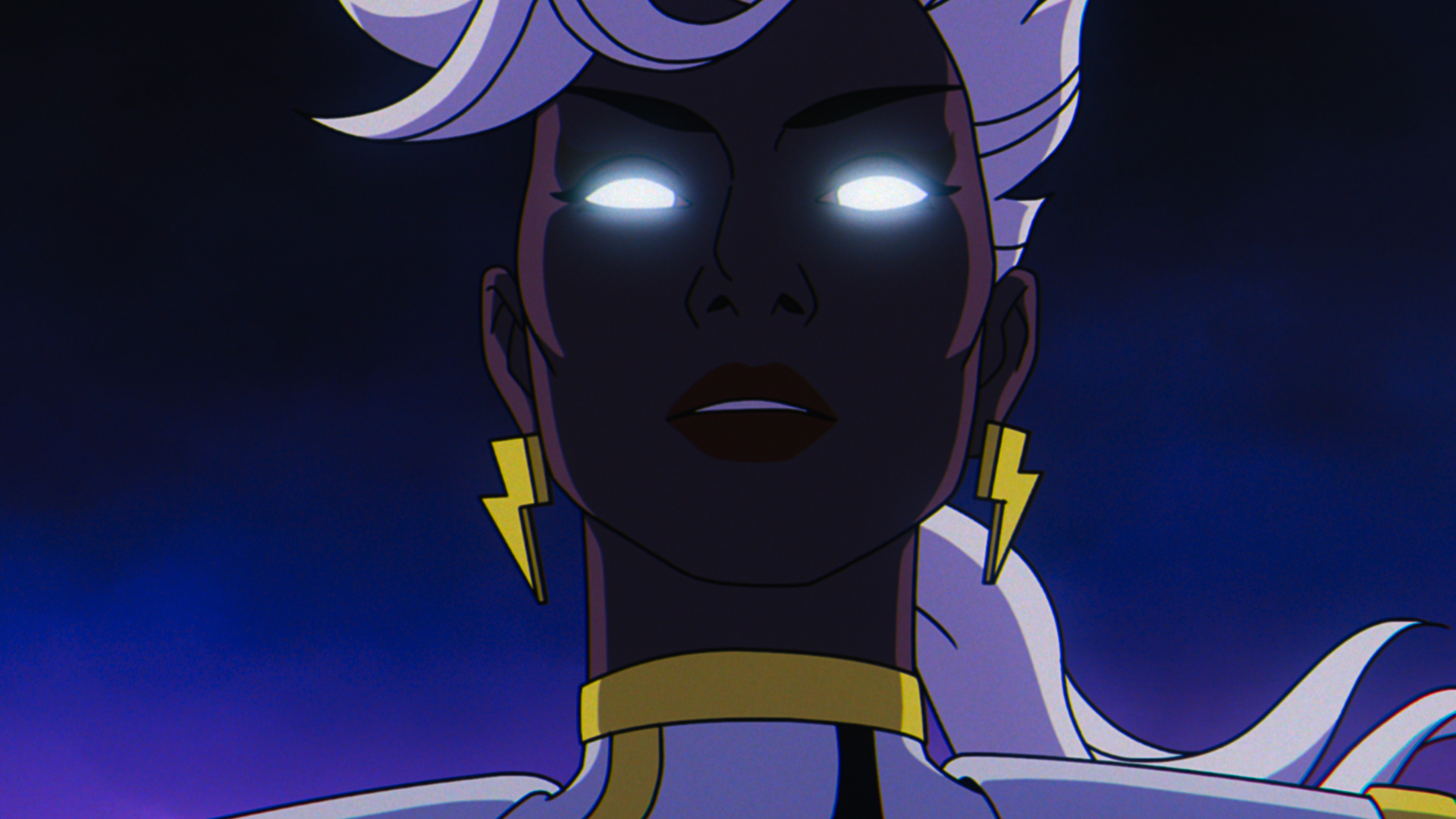 A close-up shot of Storm's face as she uses her powers in X-Men 97 on Disney Plus