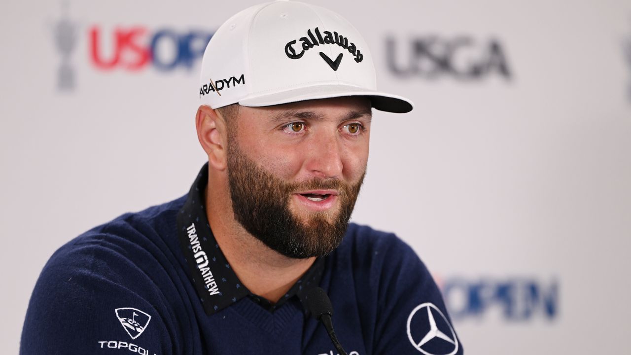 Jon Rahm talks to the media before the 2023 US Open