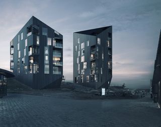 blocky angular buildings in dusk