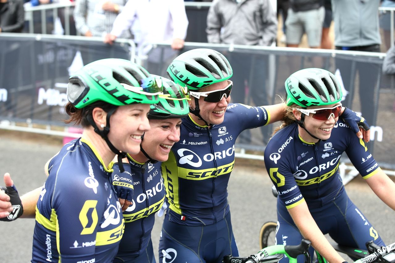 The happy Orica-Scott team after sweeping the podium