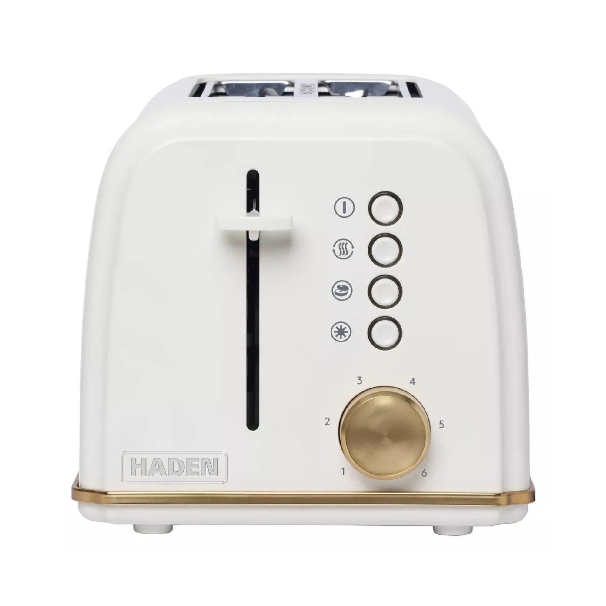 White 2-slice toaster with brass hardware