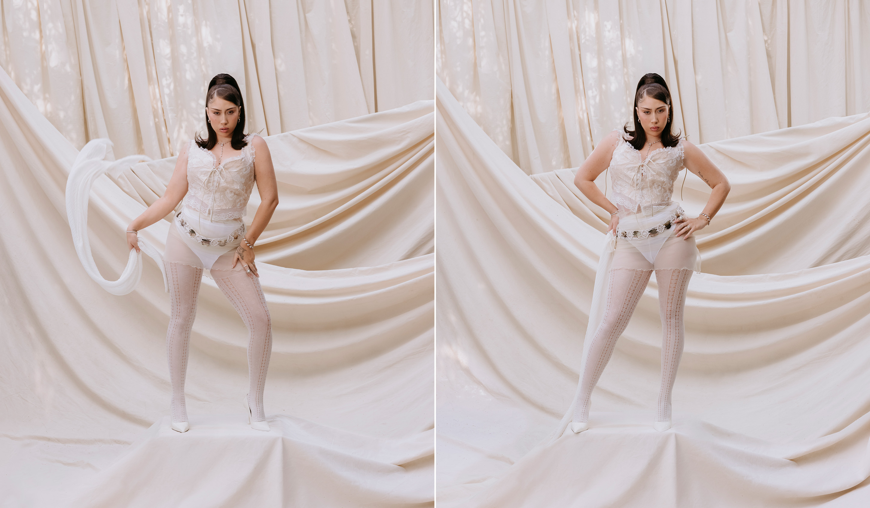 Kali Uchis Posing in two photos wearing a vintage white corset and skirt