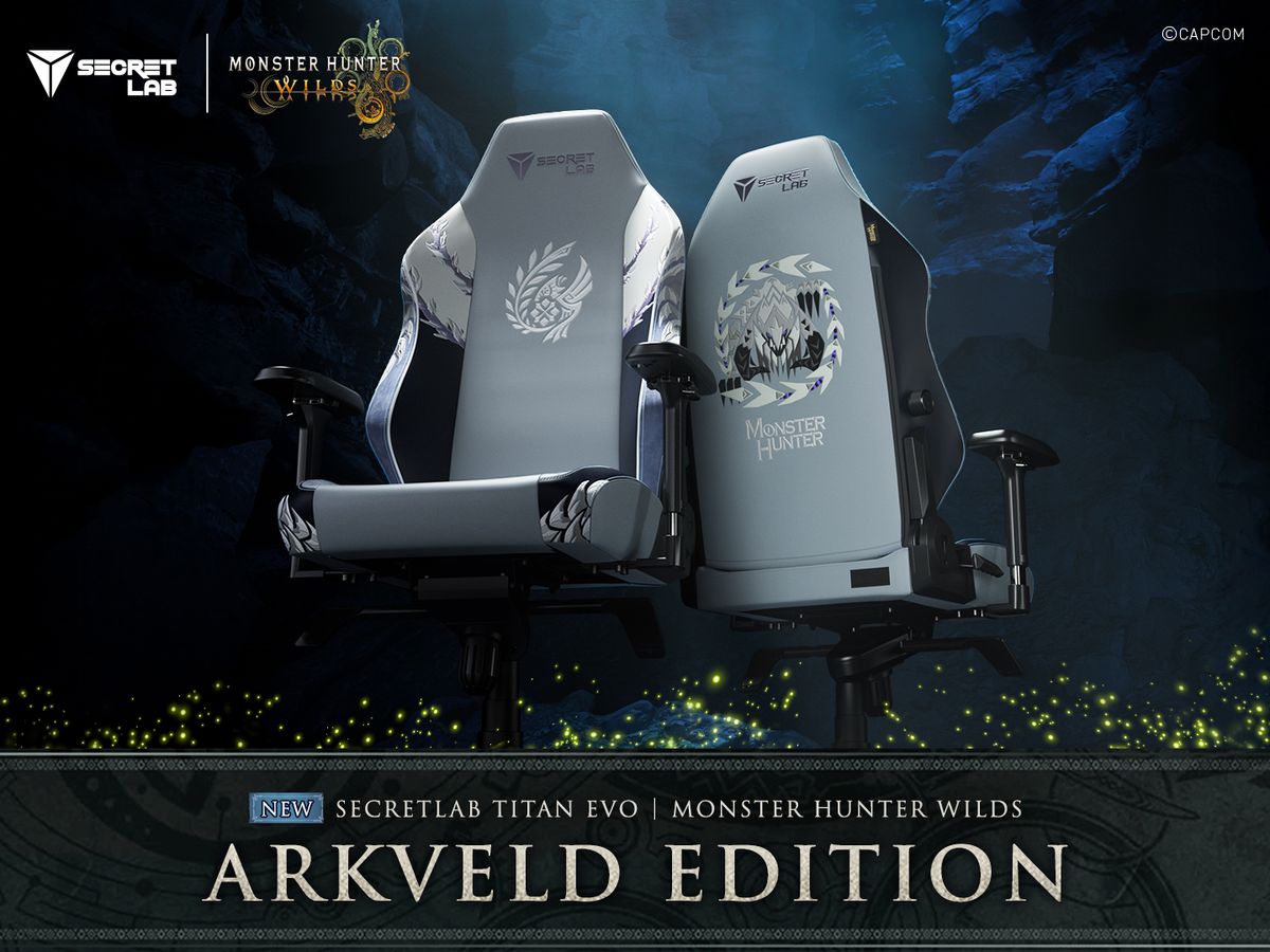 Promotional image of the Secretlab TITAN Evo Monster Hunter Wilds Arkveld Edition chair