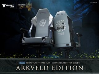 Promotional image of the Secretlab TITAN Evo Monster Hunter Wilds Arkveld Edition chair