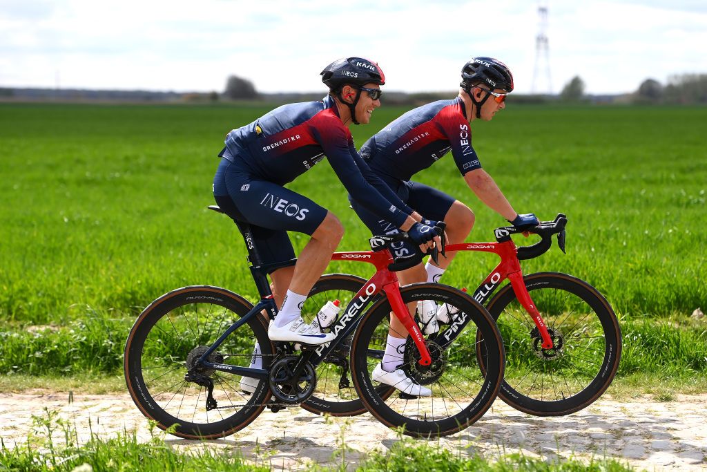 ROUBAIX FRANCE APRIL 14 LR Cameron Wurf of Australia and Magnus Sheffield of United States and Team INEOS Grenadiers during the 119th ParisRoubaix 2022 Training ParisRoubaix WorldTour on April 14 2022 in Roubaix France Photo by Tim de WaeleGetty Images