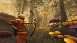 Aloft screenshot showing an archer drawing a bow in a forest with mushrooms and trees framing them