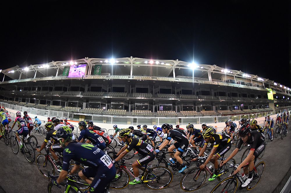 The Abu Dhabi peloton in action at the Yas Marina Formula One track.