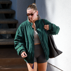 hailey bieber wears bike shorts with loafers to the gym