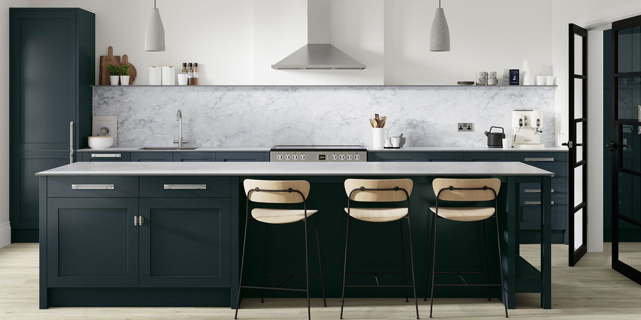 Blues and green kitchens are on-trend, fitted with islands, pantries and even desk space