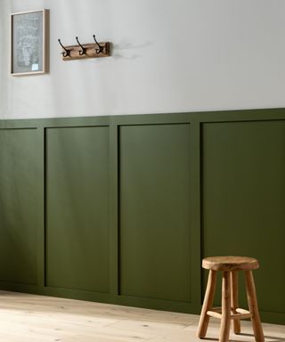 Green half-wall hallway panels with a small wooden bench and coat hooks above them