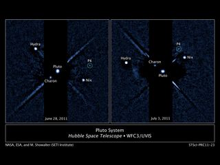 Two labeled images of the Pluto system, released on July 20, 2011, taken by the Hubble Space Telescope's Wide Field Camera 3 ultraviolet visible instrument with newly discovered fourth moon P4 circled. The image on the left was taken on June 28, 2011. The image of the right was taken on July 3, 2011.