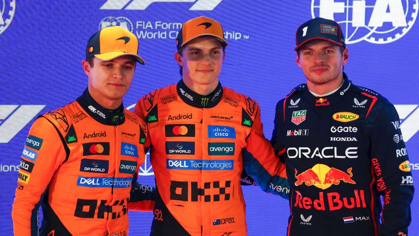 Lando Norris, Oscar Piastri and Max Verstappen standing together at the 2025 Qatar Grand Prix