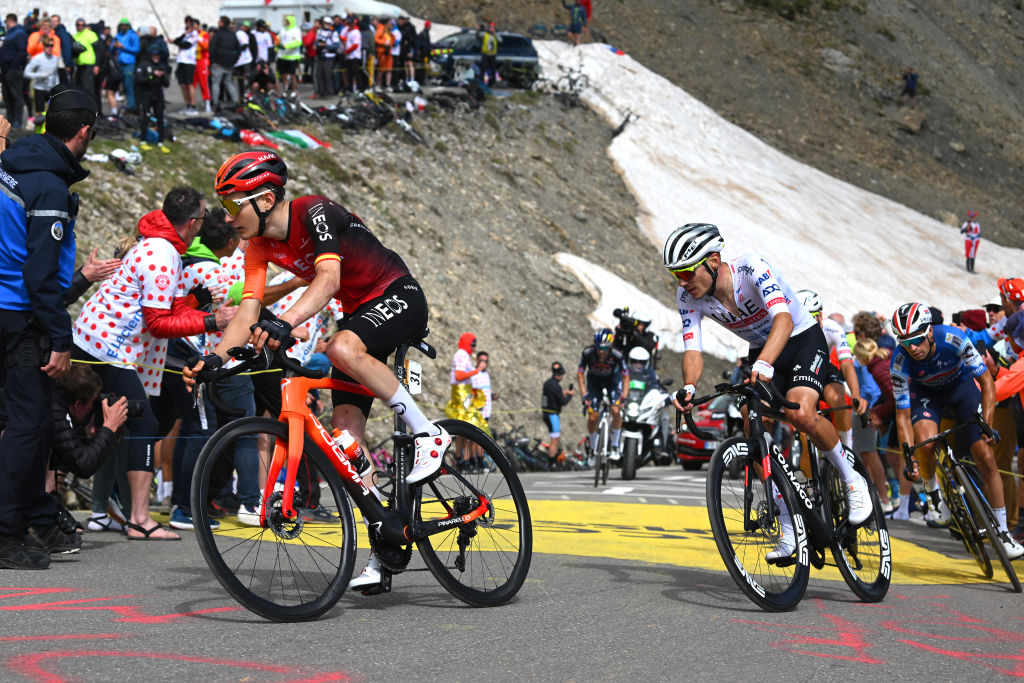 VALLOIRE, FRANCE - JULY 02: (L-R) Carlos Rodriguez of Spain and Team INEOS Grenadiers and Juan Ayuso of Spain and UAE Team Emirates compete climbing to the Col du Galibier (2.642m) during the 111th Tour de France 2024, Stage 4 a 139.4km stage from Pinerolo to Valloire / #UCIWT / on July 02, 2024 in Valloire, France. (Photo by Dario Belingheri/Getty Images)