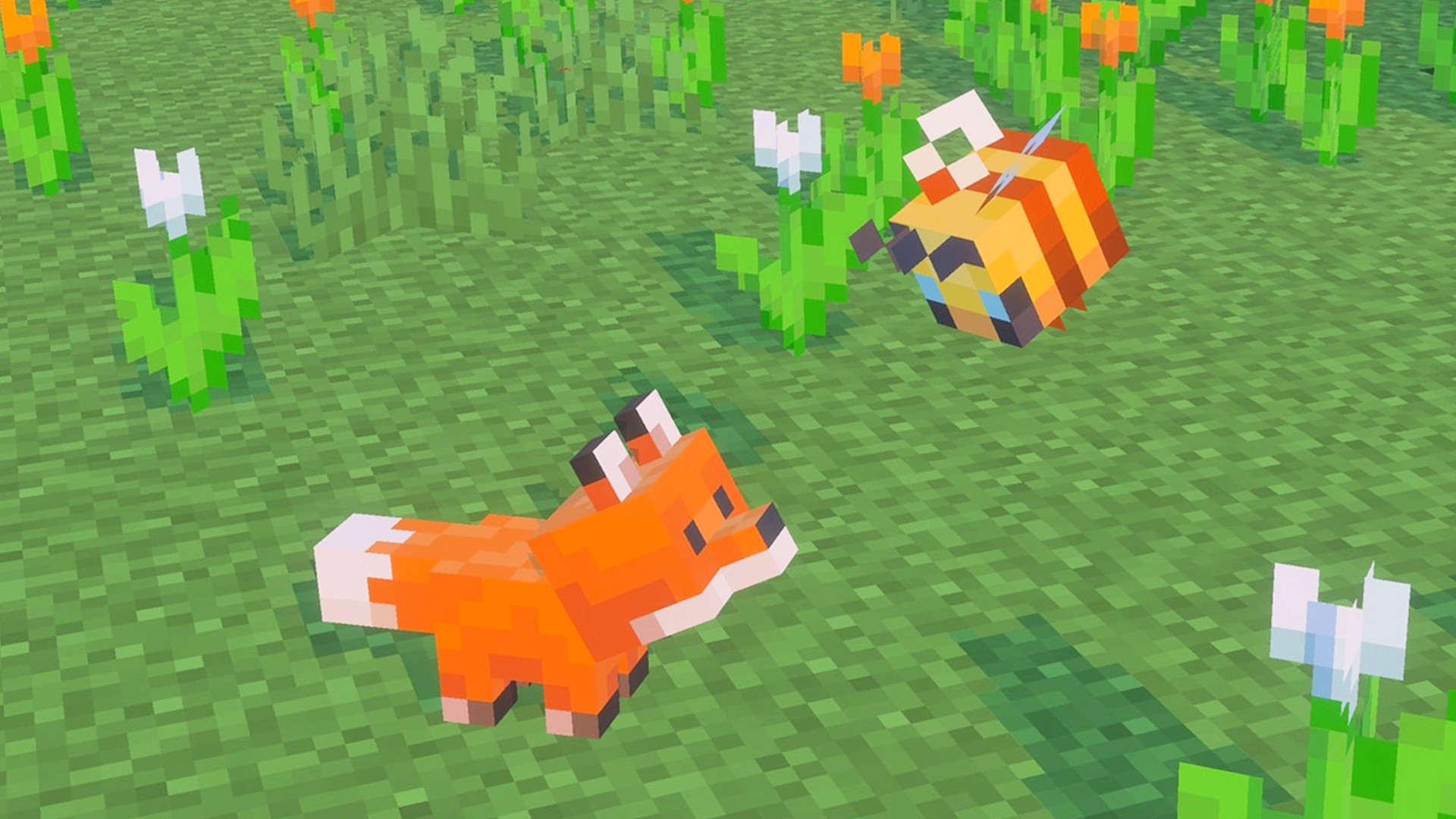 A baby fox looks up at a baby bee in the Minecraft 26.1 update