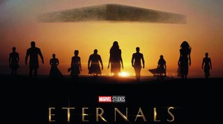 Eternals filmplakaten med alle helte set imod solnedgangen