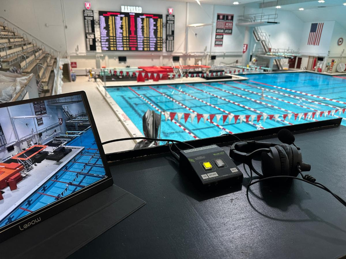 Harvard Athletics swimming pool with technologies from Studio Technologies in the foreground