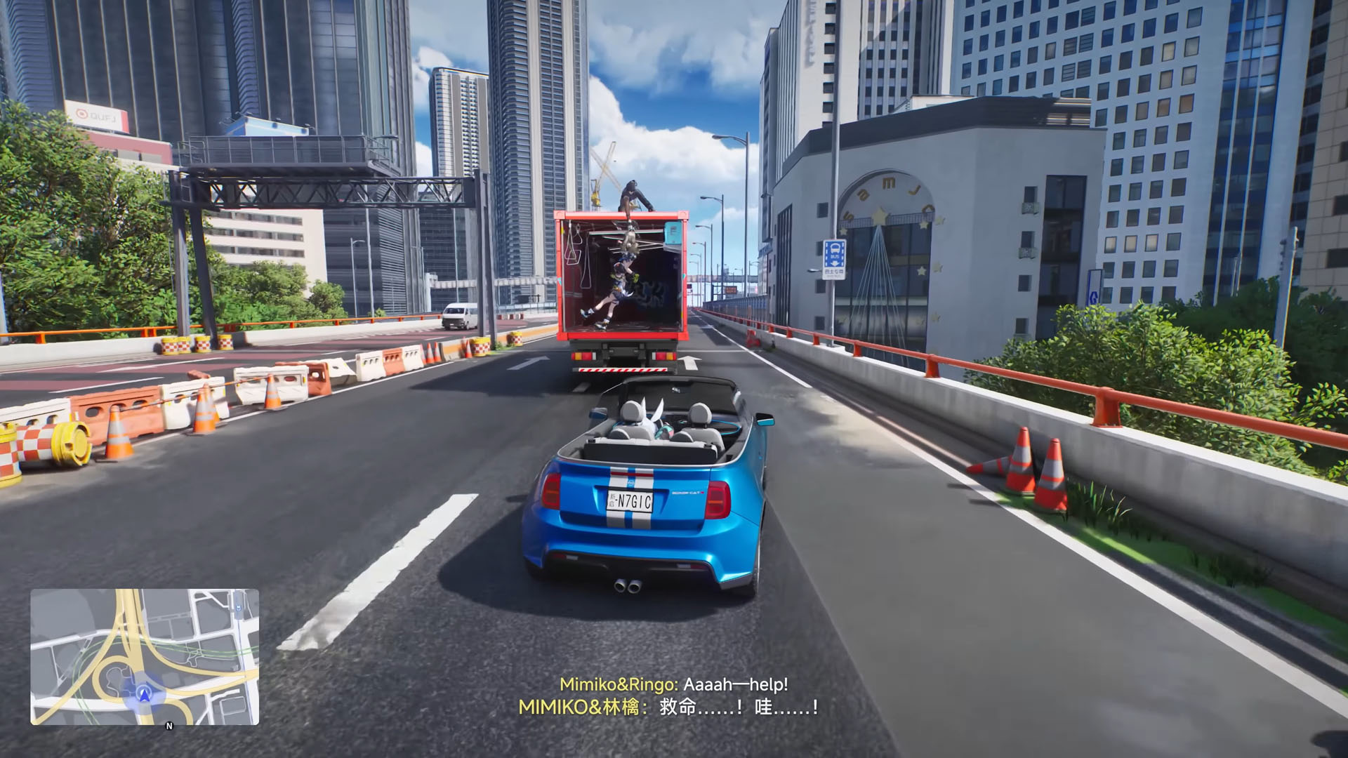 The player drives behind an open truck in Ananta, from the PlayStation gameplay trailer, as another character dangles out the back of it