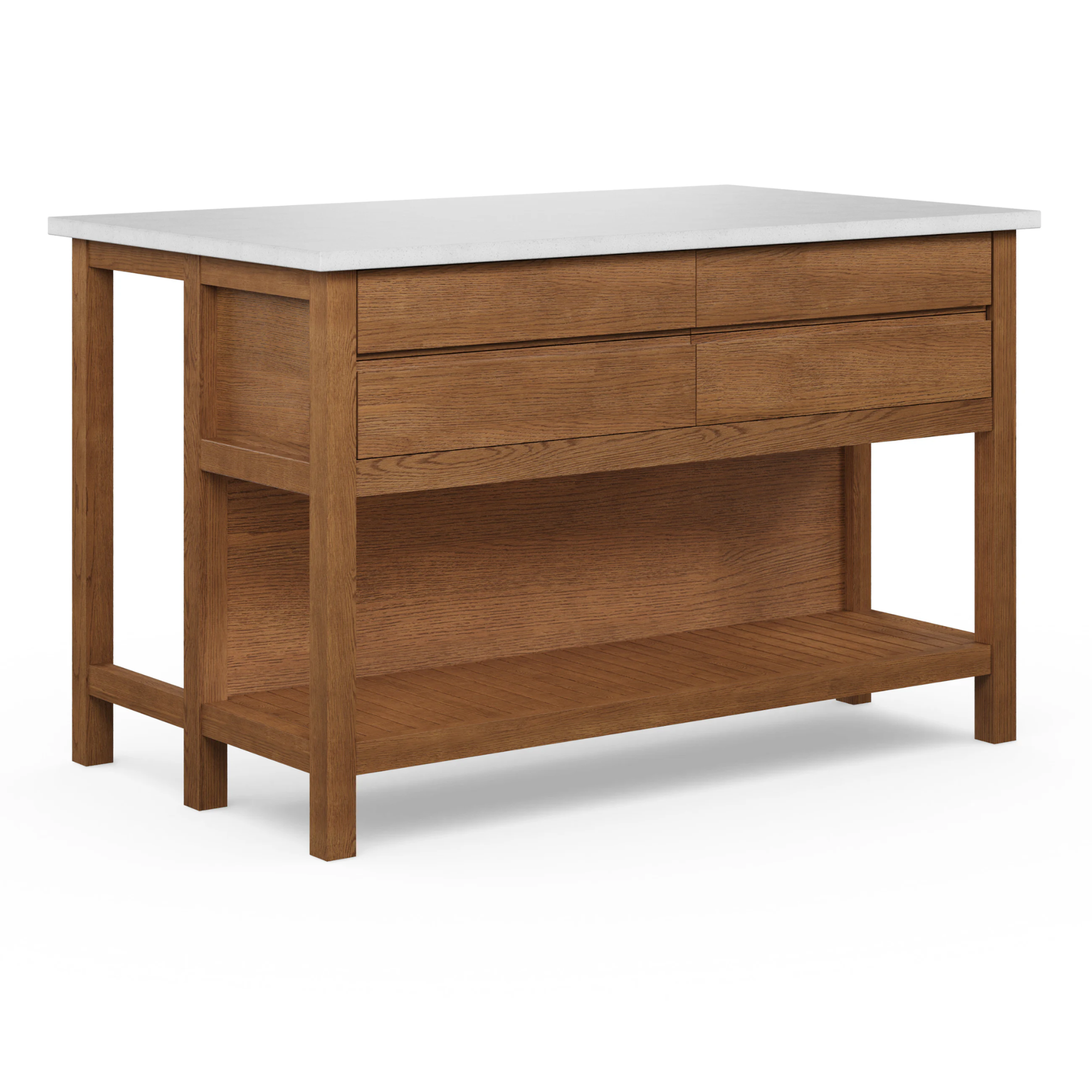 a freestanding kitchen island with a white counter