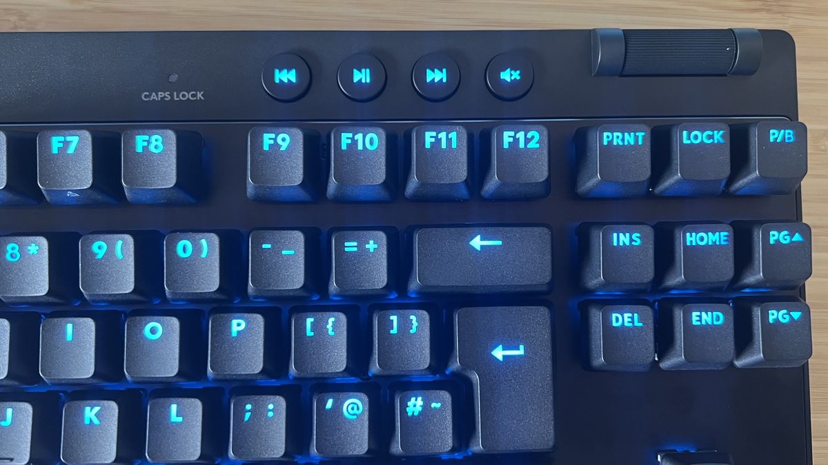 Close up on volume and playback controls on Logitech G Pro X TKL Rapid gaming keyboard