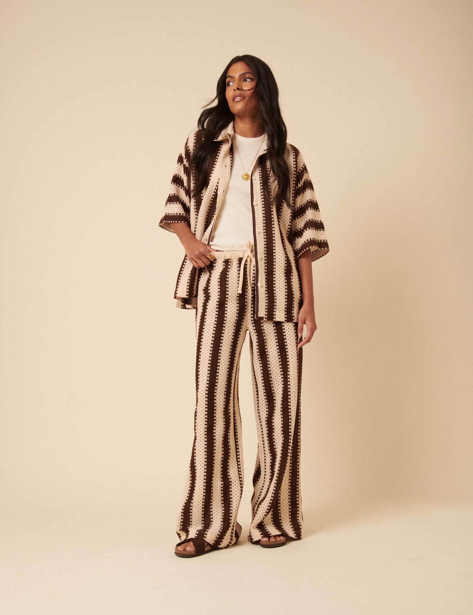 Poppy Delevingne Brown and Stone Stripe Melinda Trousers