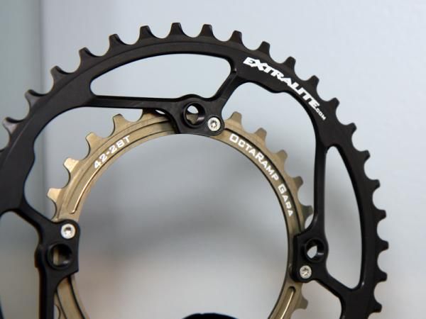 Extralite's chainring setup allows the fitment of a smaller inner ring than what a standard 104mm BCD would normally allow, making for more usable two-ring crank conversions.