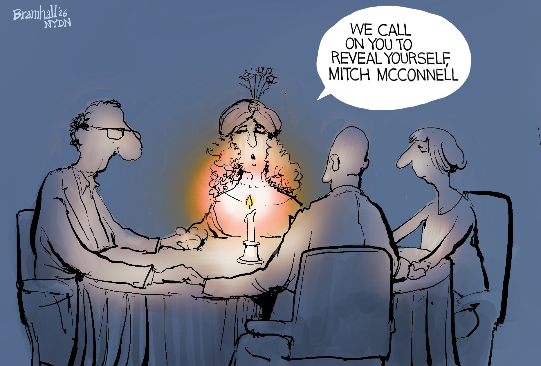 A group of four people sit around a candlelit table, holding hands during a seance. The woman leading the seance is dressed like a psychic or medium and says, &amp;ldquo;We call on you to reveal yourself, Mitch McConnell.&amp;rdquo;