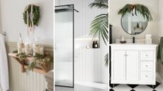 compilation of three white bathrooms to show elements of how to style a bathroom for Christmas