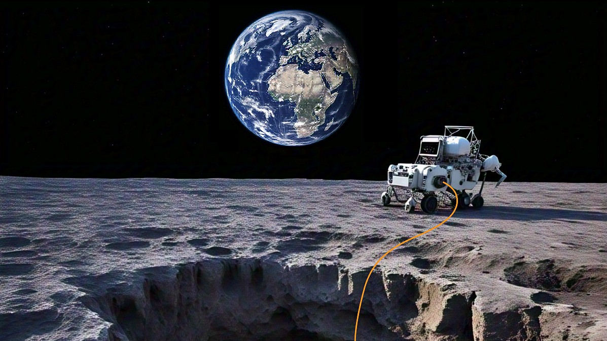 a moon rover sits next to a cavernous hole on the moon with a tether descending down.