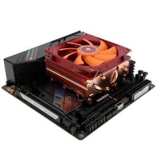 Thermalright AXP90-X53 All-Copper CPU air cooler instealled on a miniITX motherboard