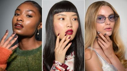 split image of models backstage at spring/summer 2025 shows with their hands raised by their faces