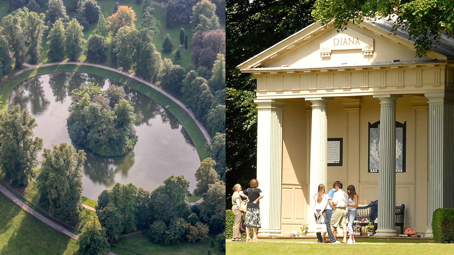 A split image of Princess Diana's island grave and the temple at Althorp