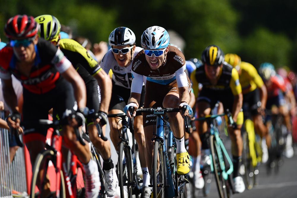 Pierre Latour waits to attack near the end of stage 6 at the Tour de France