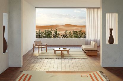 Terrace furniture looking out onto desert landscape
