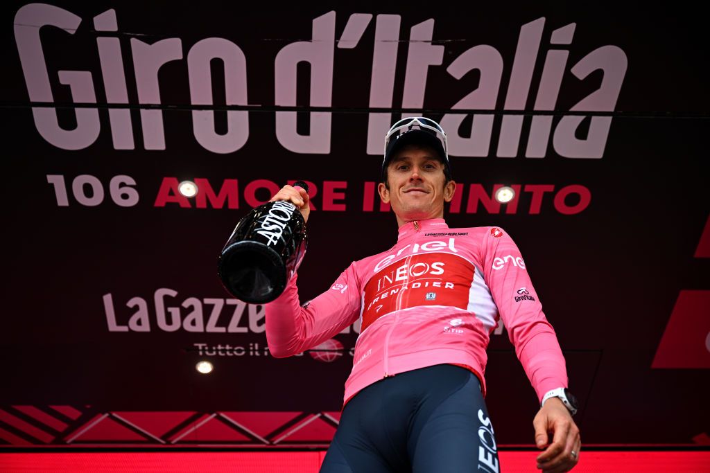 CRANSMONTANA SWITZERLAND MAY 19 Geraint Thomas of The United Kingdom and Team INEOS Grenadiers Pink Leader Jersey celebrates at podium during the 106th Giro dItalia 2023 Stage 13 a 75km stage from Le Chable to CransMontana Valais 1456m Stage shortened due to the adverse weather conditions UCIWT on May 19 2023 in CransMontana Switzerland Photo by Stuart FranklinGetty Images